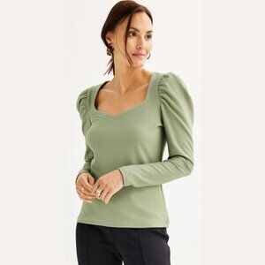 Nine West Women's Green Sweetheart Neckline Gathered Sleeve Top SZ M